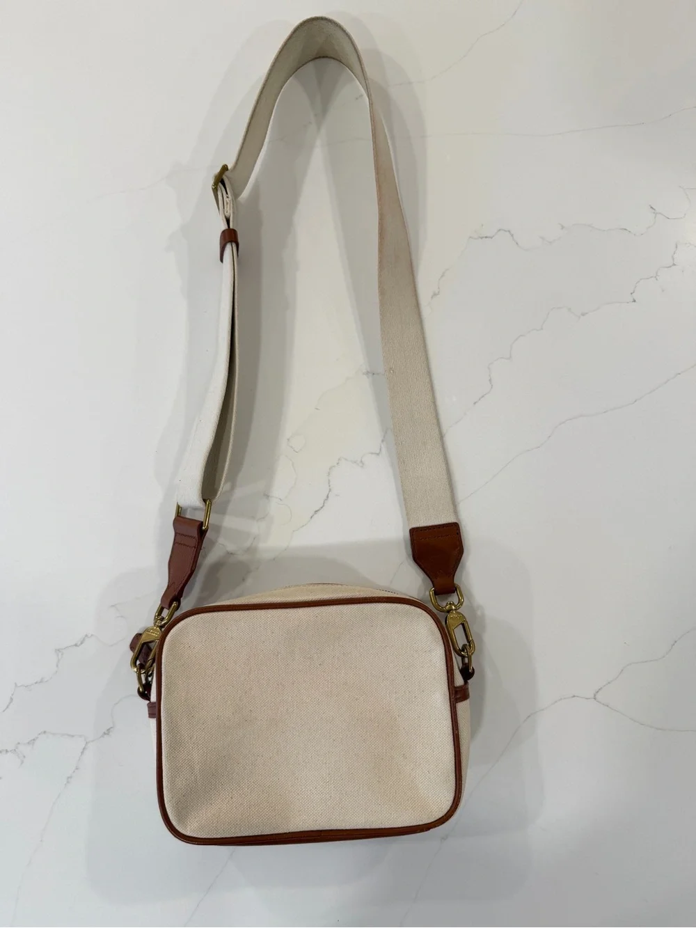 J. Crew Cream Canvas Belt Bag with Brown Trim
